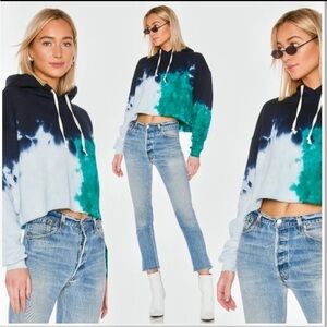 Re/Done Originals Cropped Cotton Hoodie Teal Tie-Dye Size Small